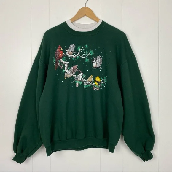 Vintage Sweatshirt Women's Size Large Birds Cardinals Winter Green Double Collar - Picture 2 of 11